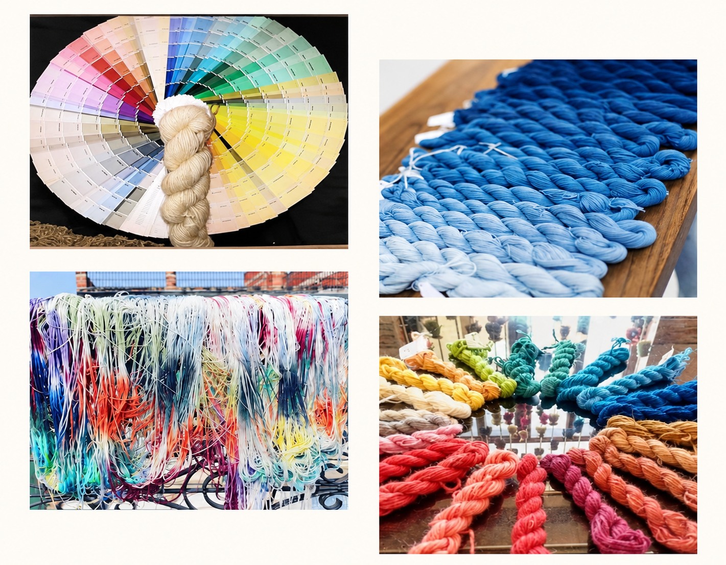 Original collage of colourful yarns and dye palettes from Alfombra India