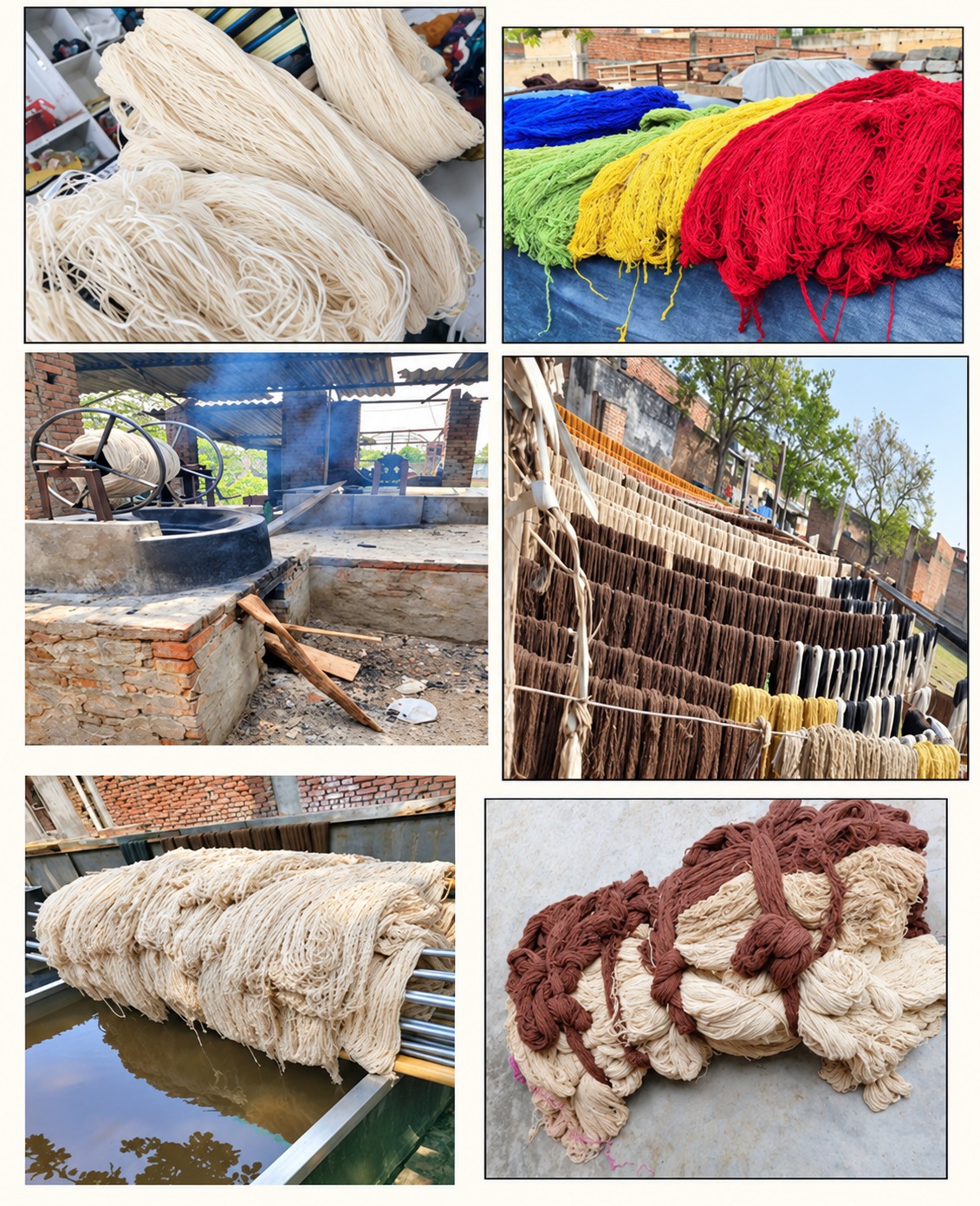 Original collage of yarn preparation, dyeing and washing