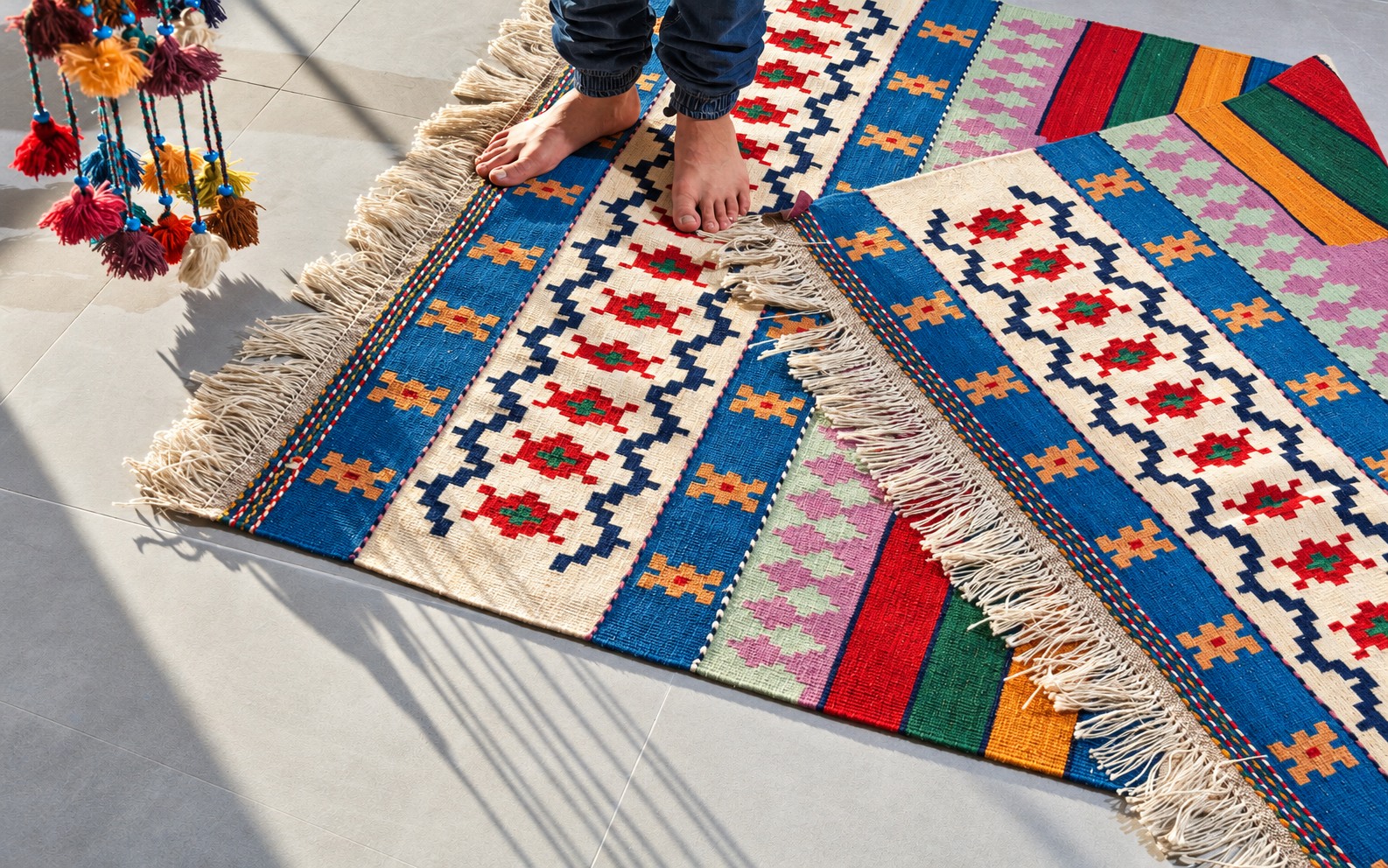 Colourful fringed flatweave rugs and the original workshop scene