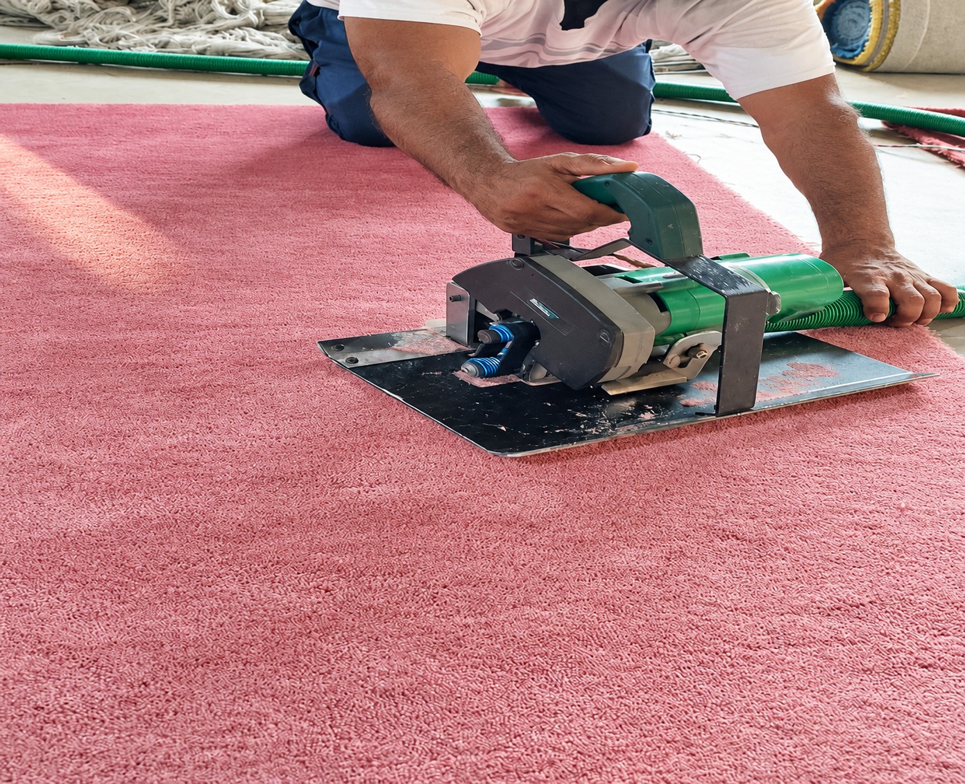 Artisan shearing a pink rug in the workshop