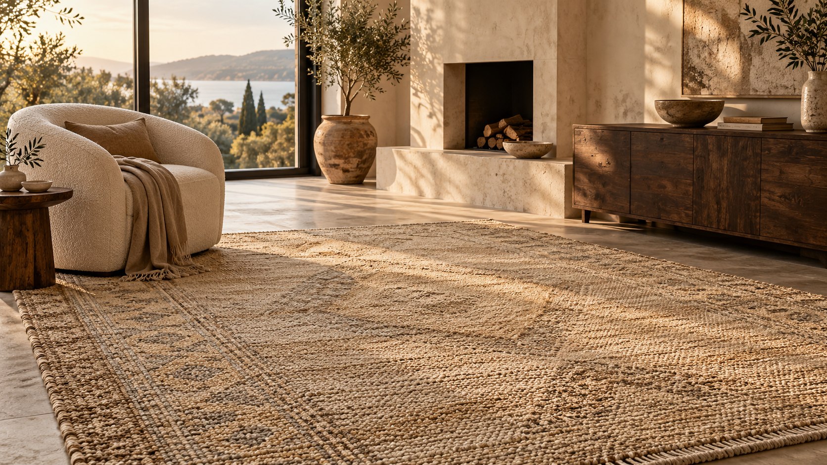 Light-filled sitting room with a natural woven rug
